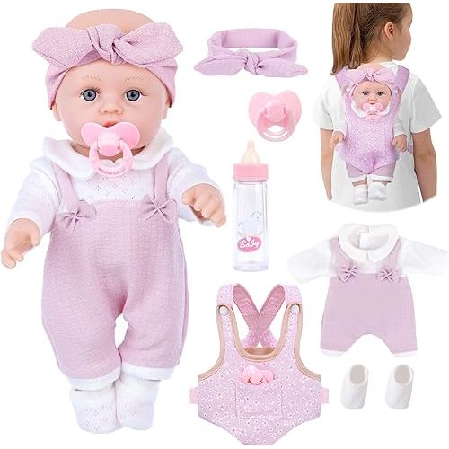 12 Inch Baby Doll Playset with Clothes and Dolls Carrier Accessories Included Baby Carrier, Bottles, Nipple, Socks, Headbands