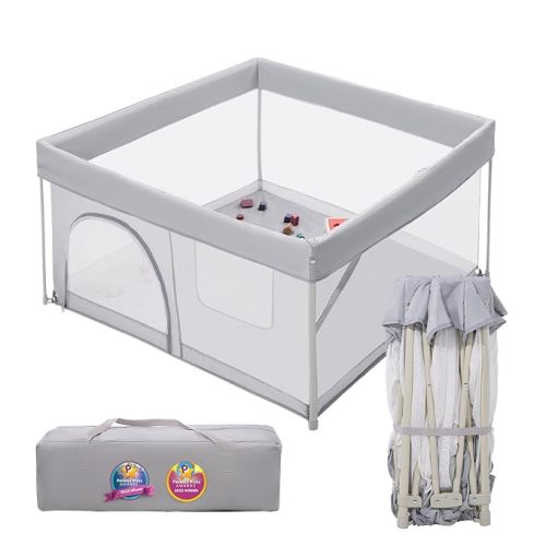 BABELIO Foldable Baby Playpen with Mat, 46" × 46" Portable Playard for Babies and Toddlers, Parents' Picks Awards Winner, Indoor & Outdoor Kids Safety Play Pen Area, Travel Fence, Grey