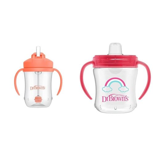 Dr. Brown's Milestones Baby’s First Straw Cup, Training Cup with Weighted Straw, Coral, 6m+ & Transition Sippy Cup with Soft Spout - Pink - 6oz - 6m+