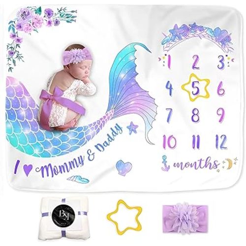 BrandKingShop Milestone Blanket Baby Girl, Mermaid Baby Monthly Milestone Photo Blanket for Newborn, Thick Fleece Photography Prop for Baby, Includes 1 Frame + 1 Headband, 60”x 40”, BM001