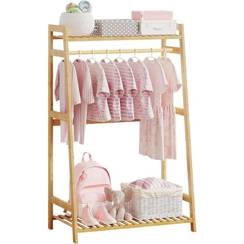 Kids Clothing Rack with Shelves, Bamboo Clothes Garment Rack for Kids Child Baby, Kids Dress Up Storage Rack with Top Shelf, Toddlers Wardrobe Closet for Nursery (Small Size)