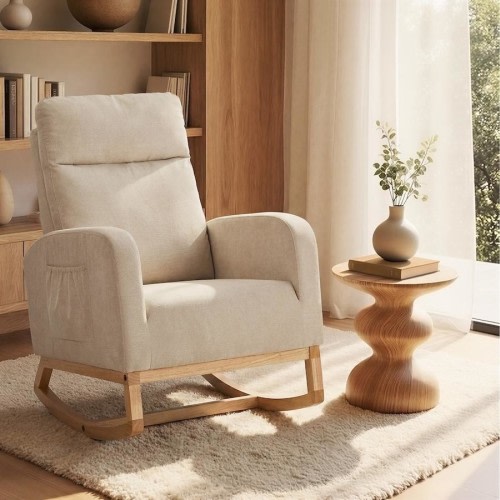 Oikiture Rocking Armchair Linen Fabric Lounge Chair Accent Chair Beige