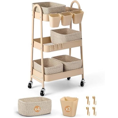 3-Tier Rolling Utility Cart with 4 Woven Baskets, Diaper Book Snack Cart, Storage Organizer for Nursery, Kitchen, Craft Room, Home SPA, Living Room, Metal Frame Trolley on Lockable Wheels, Brown