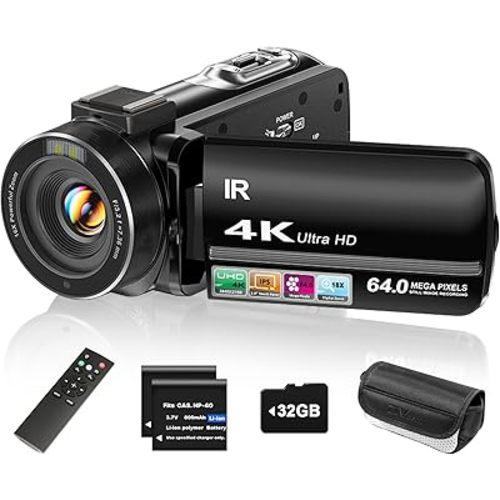 4K Video Camera Camcorder UHD 64MP Vlogging Camera for YouTube 18x Digital Zoom 3" 270° Rotation IPS Touchscreen Video Camcorder with Night Vision, Remote Control, 32GB Card, 2 Batteries