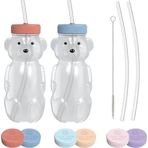 Honey Bear Straw Cup for Babies, 2-Pack Honey Bear Bottle with Travel Lid, Therapy Learning Honeybear Straw Cup, Baby Bottle Set, 8 oz, Blueberry Pie & Firetruck