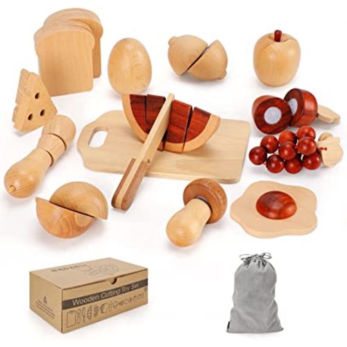 WHOHOLL Wooden Play Food Sets for Kids Kitchen, Cutting Pretend Food Play Kitchen Accessories for Toddlers with Storage Bag Wood Knife Board Montessori Educational Toys for Boys Girls