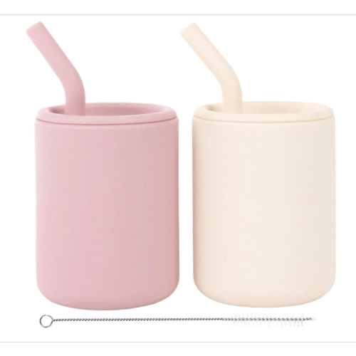 WeeSprout Silicone Baby Cups With Straws and Lids, 4 & 8 oz Options, Set of 2, Food Grade Toddler Training Container, Built In Straw Stoppers, Measurement Markings, Dishwasher Safe + Straw Cleaner