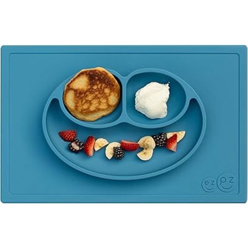 ezpz Happy Mat - 24 Months+ (Blue) - 100% Silicone Suction Plate with Built-in Placemat for Toddlers + Preschoolers - Divided Toddler Plates - Toddler Essentials