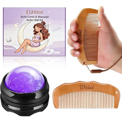 UHdod Birthing Comb & Massage Roller Ball 3 Kit, Wooden Labor Comb Hair Combs for Labor and Delivery Essentials, Pregnancy Hospital Bag Essentials for Women, Pregnant Mom Gifts for Birthday Christmas