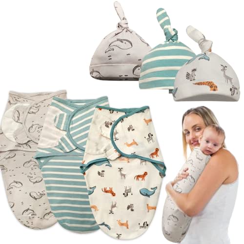 Baby Swaddles with Hats for Newborn Boys and Girls - 3 Pack Organic Cotton Easy Adjustable Swaddle Blanket - Infant Cozy Sleep Sack Baby wrap (Baby Romper-Baby Sleepwear 2, Large (3-6 Months))