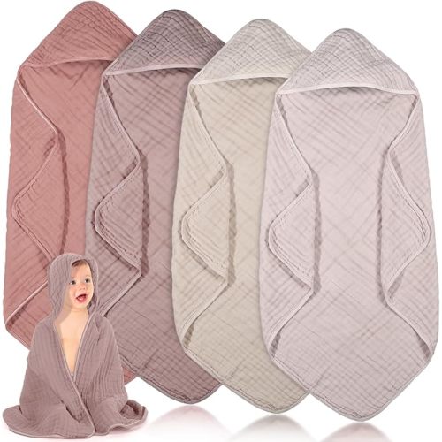 Peryiter 4 Pcs Muslin Hooded Baby Towels, 32"x 32" Cotton Newborn Bath Towel Muslin Infant Baby Blankets Absorbent Unisex Christmas Registry Gift Essentials for Girls Boys (Beige Series)