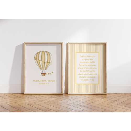 Yellow Christian Nursery Wall Art Vintage Stripes Bible Verse Prints, Set of 2, Hot Air Balloon Kids Playroom Decor Digital Download