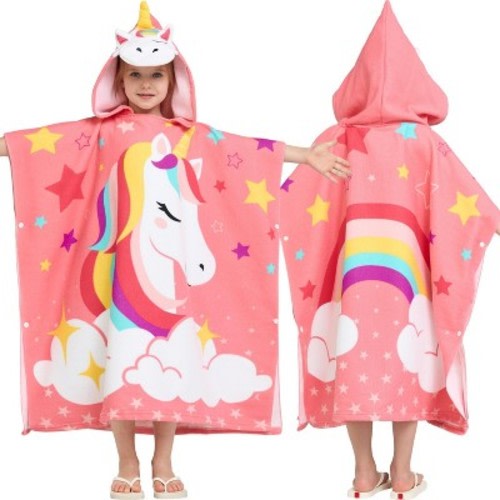 Joyfy Unicorn Hooded Bath Towel for Kids, Soft, Absorbent, Quick-Dry Microfiber Bath & Swim Towel for Girls Aged 3+, Ideal for Bath, Pool and Surf Use
