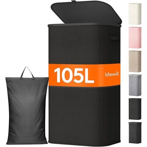 Lifewit 105L Large Laundry Basket with Lid, Laundry Hamper with Plastic Handles and Removable Bag, Foldable Tall Dirty Clothes Hampers for Laundry for Laundry Room, Bedroom, Bathroom, Dorm, Black
