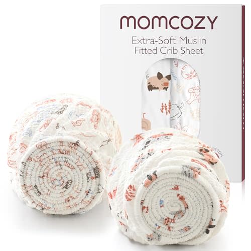 Momcozy Best Wishes Muslin Fitted Mini Crib Sheets, 38''x26'', 2 Pack Soft Breathable Natural Cotton Baby Mattress Sheet, 360° Mattress Wrapping Boys Girls Neutral Toddler Bed Sheet, Farming Joy