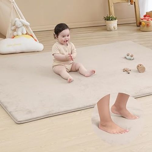 Memory Foam Baby Play Mat for Playpen,Thick&Large Crawling Mat for Floor,Soft Velvet Tummy Time Mat for Kids,Toddlers,Infants,Non Slip Baby Floor Play Mat for Nursery&Playroom (39"×59"×0.8",Beige)