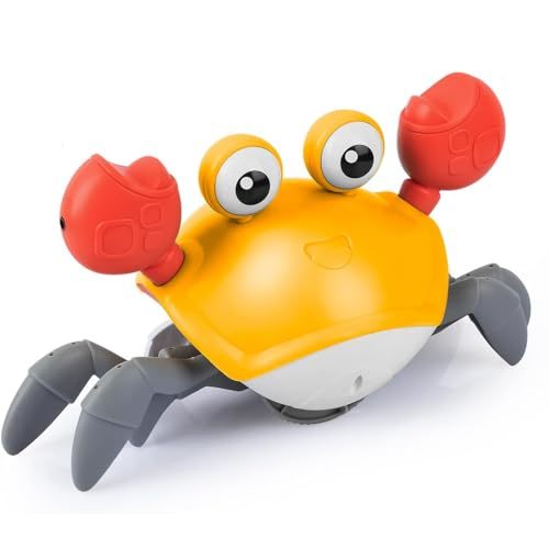 Crawling Crab Baby Toys Upgrade Version - 3 Speed & Music Control, Cute Dancing Essentials Electric Induction Sensory Stuff Moving Toy for 3 4 5 6 7 8 9 10 11 12 Year Old Boys or Girls (Orange)