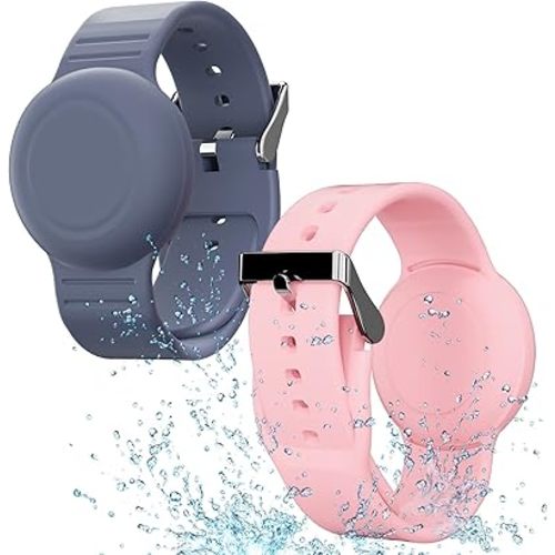 Waterproof Air Tag Bracelet for Kids(2 Pack), Soft Silicone Air Tag Hidden Wristband, Lightweight GPS Tracker Compatible with Apple AirTag Watch Band for Child (Grey Blue & Pink)