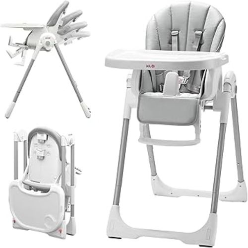 KÜB 3-in-1 Foldable Baby High Chair | Multifunctional Infant High Chairs for Babies and Toddlers | Removable Seat & Tray Easy Clean | 7 Height & 4 Recline Adjustable | 2 Locking Wheels (Grey)