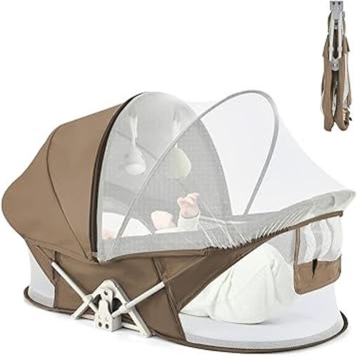 Portable Baby Bassinet for Baby Travel, Baby Cribs Travel Pod for Outdoors Baby Lounger Infant Travel Bed with Mosquito Net and Sunshade Canopy, Lightweight Washable (Brown)
