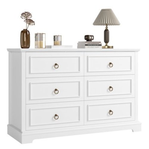 Homfa 6 Drawers Horizontal Dresser for Bedroom, 47.2'' Wide Modern Chest of Drawers Storage Cabinet for Living Room, Entryway, Hallway, White
