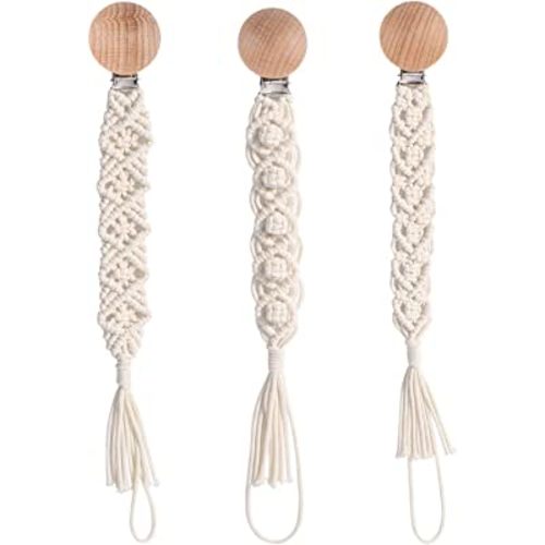 Boho Pacifier Clip for Boys Girls Pacifier Holder Leash Wooden Clips Handmade Braided Cotton Unisex Baby Shower Birthday Gift Christmas Gift (Pattern 4)