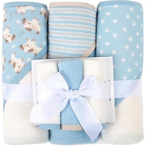 Jessica Simpson 6 Piece Printed Hooded Bath Towel and Washcloth Set for Infant, Newborns and Toddlers 3 – 24 Months for Bath Time, Showers, Lounge, Beach and Pool (6 Piece Puppies Print)