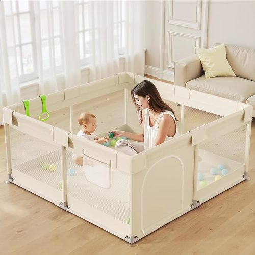 Uanlauo Beige Small Baby Playpen - 47x47in Playpen for Babies and Toddlers, Safe Indoor Play Pen, Baby Pen with Storage Bag and Breathable Mesh
