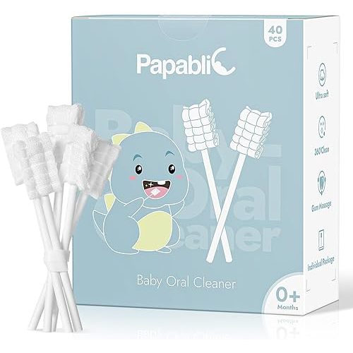 Papablic Baby Tongue Cleaner, Baby Oral Cleaner, Disposable Infant Mouth Cleaner Newborn, Upgrade Gum Cleaner with Paper Handle or Infants Ages 0-2 Years, 40 Pack