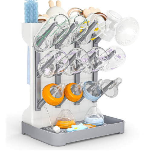 GoMaihe Baby Bottle Drying Rack: Space Saving Vertical Bottle Dryer Holder - Baby Accessories Storage Stand Organize Brushes Pacifiers on Countertop - BPA-Free - Gray