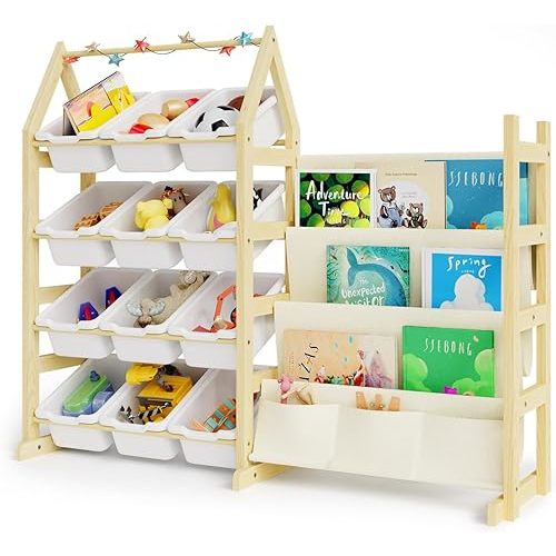 Wooden Toy Storage Organizer Kids Bookshelf, with 12 Toy Organizer Bins, Child Book Shelf for Kids Rooms, Nursery, Baby Room, Playroom, Montessori Toys Storage Organizers Rack Bookcase Shelves