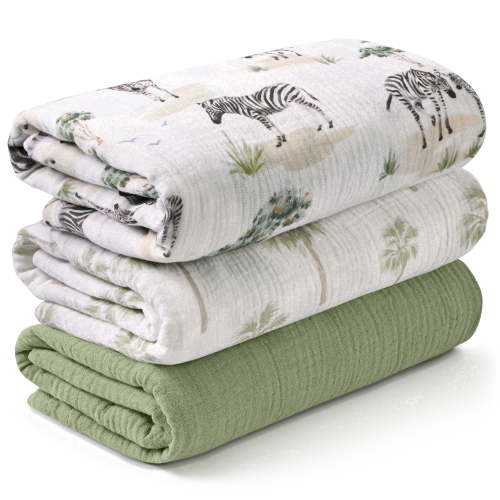 Gllquen Baby 3-Pack Muslin Organic Cotton Swaddle Blankets for Newborn Infant Boys Girls 38"x40", Safari Whisper