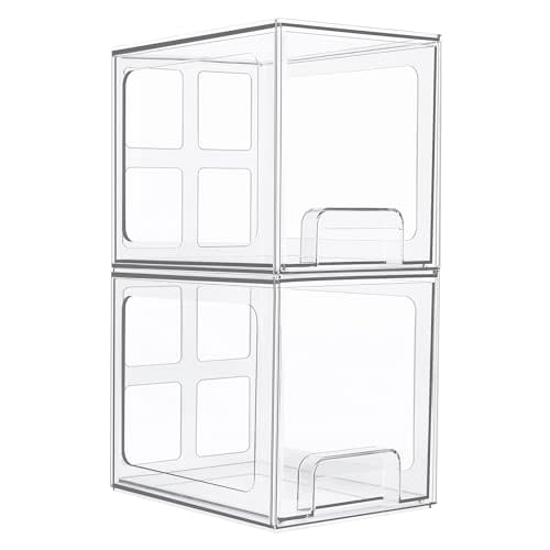 Vtopmart 2 Pack Stackable Storage Drawers, 6.6''Tall Acrylic Bathroom Makeup Organizers,Clear Plastic Storage Bins For Vanity, Undersink, Kitchen Cabinet,Pantry Organization and Storage