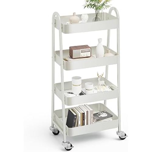 OLIXIS 4 Tier Utility Rolling Cart, Metal Mobile Storage Shelf with Lockable Caster Wheels, Organization for Livingroom, Bathroom & Narrow Places, 4-Tier White