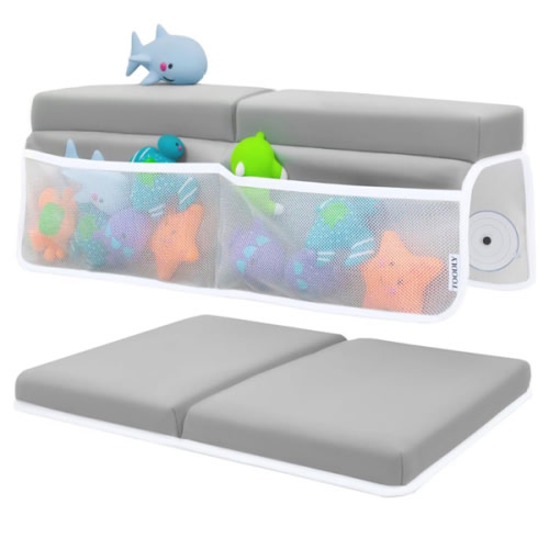 Baby Bath Kneeler and Elbow Rest Pad Set - Baby Bath Support for Knees and Elbows - Bath Kneeler Pad with Memory Foam and Bath Toys Organizer - Ideal Bath Kneeling Pad for Bathing Baby - Grey