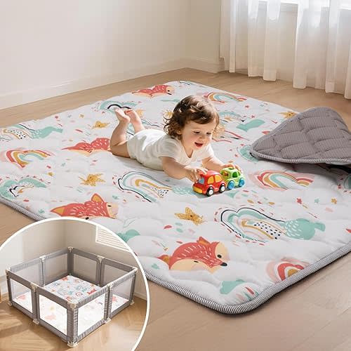 Baby Play Mat for Floor,50x50 Inch Soft Padding Crawling Mat for Playpen, Foldable and Machine Washable, Thick for Babies & Toddlers,Rainbow Fox