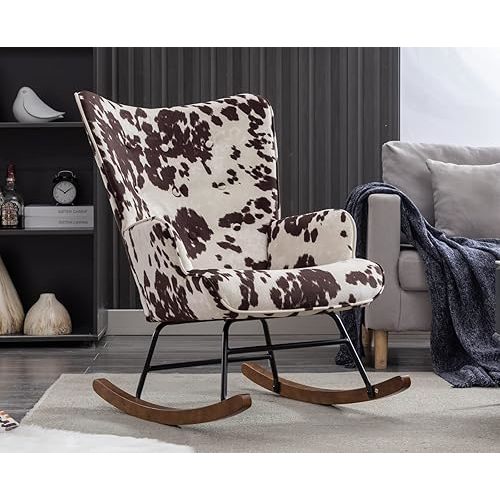 EALSON Nursery Rocking Chair Fabric Upholstered Rocker Chair Tufted Wingback Accent Chair with Wooden Base Modern Comfy Lounge Armchair for Bedroom Living Room, Cow