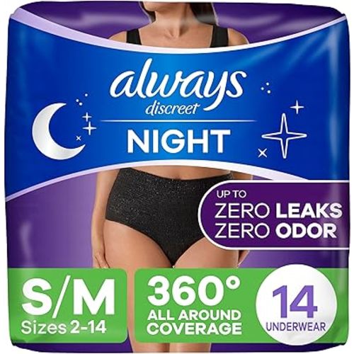 Always Discreet Overnight Adult Incontinence & Postpartum Bladder Leak Underwear for Women, Disposable, Small/Medium, 14 Count