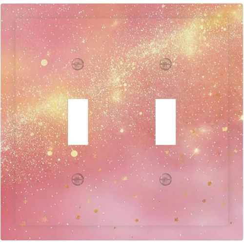 Dreamy Pink The Milky Way Golden Glitter Sparkles Stars Decorative Switch Plates 2 Gang Double Toggle Wall Plate Electrical Faceplate Outlet Light Switch Cover for Bedroom Girls Room Decor