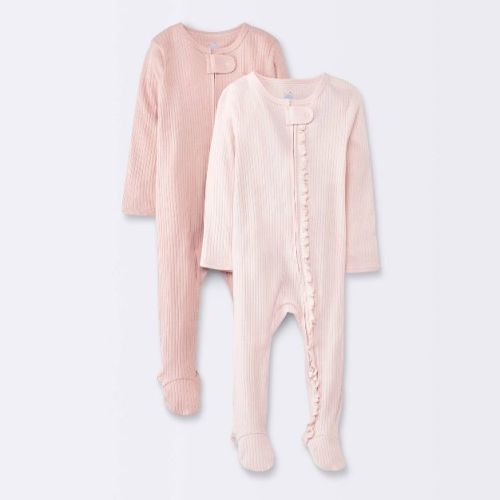 Baby Girls' 2pk Solid Wide Ribbed Sleep N' Play - Cloud Island™ Pink 6-9m