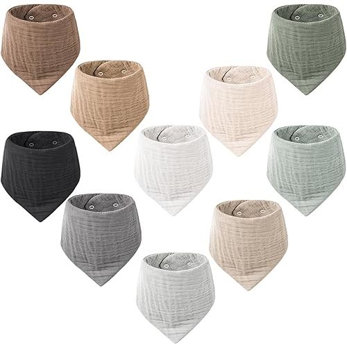 Konssy Muslin Baby Bibs 10 Pack Baby Bandana Drool Bibs 100% Cotton for Unisex Boys and Girls, Soft Absorbent Set for Teething and Drooling