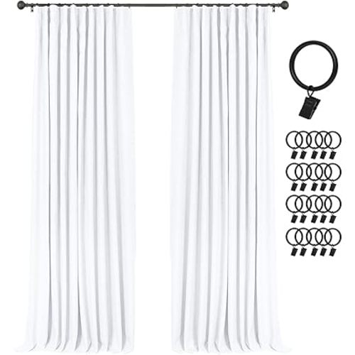 INOVADAY 100% Blackout Curtains for Bedroom, Black Out Curtains 90 Inch Long, Clip Rings Linen Blackout Drapes, Thermal Insulated Room Darkening for Living Room, 2 Panels - Brightwhite,W50xL90