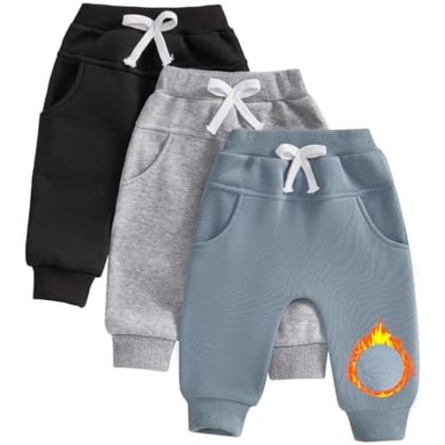 Yoawdats Baby Boys' 3-Pack Pull-on Jogger Pants Knit Pants Classic Fit Elastic Waist Kids Toddler Pants Multipacks Long Pants