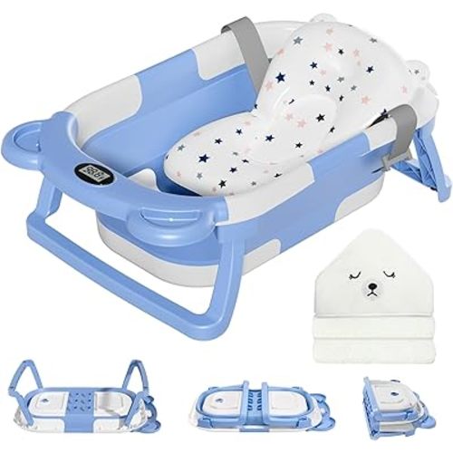 MoreFeel Collapsible Baby Bathtub for Newborn with Thermometer & 1 Hooded Towel & 1 Soft Floating Cushion,Portable Travel Bathtub with Drain Hole, Durable Foldable Baby Tubs for Infants to Toddler