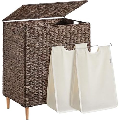 SONGMICS Laundry Hamper 2 Sections, 34.3 Gal. (130 L) Handwoven Water Hyacinth Wicker Laundry Basket with Lid, Natural Material, Removable Machine Washable Liners, Handles, Espresso ULCB202K01