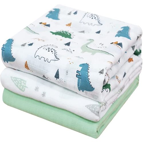 PHF 100% Cotton Baby Muslin Swaddle Blankets, 3 Pack Super Soft Breathable Comfy Baby Swaddle Wrap Set, Receiving Blanket for Infant Baby Boys Girls, Dinosaur/Woodland/Green
