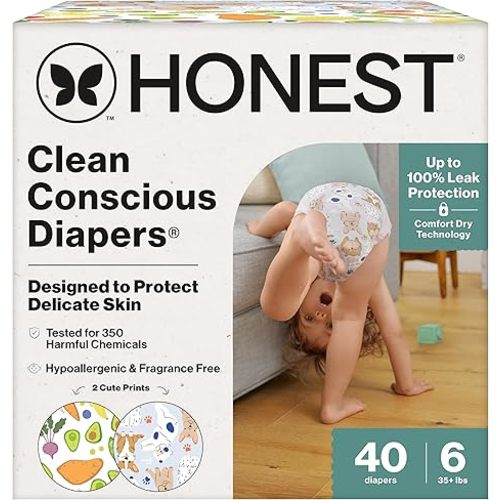 The Honest Company Clean Conscious Diapers for Delicate Skin | Up to 100% Leakproof | Hypoallergenic, Fragrance Free | Gender Neutral | Club Box, Size 6 (35+ lbs), 40 Count (Prints May Vary)