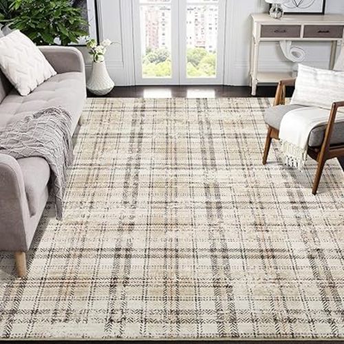 Washable Rugs 4x6 Rug for Living Room Modern Plaid Area Rug for Bedroom Tartan Farmhouse Red Non Slip Entryway Rug Soft Stain Resistant Carpet for Nursery Entrance Dining Room 4'x6' Beige