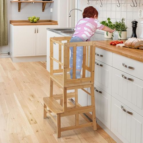 COSYLAND Kids Kitchen Step Stool,Toddler Standing Tower with CPC Certification, Removable Anti-Drop Railing Safety Rail Enjoys Unique Patented Design A Anti-tip Structure More Stable, Natural Bamboo…