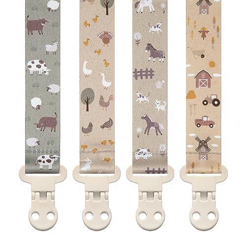 Baby Pacifier Clip Holder - Girl or Boy Unisex 4 Pack Gift Set – Animals Tractors Neutral (Farm)
